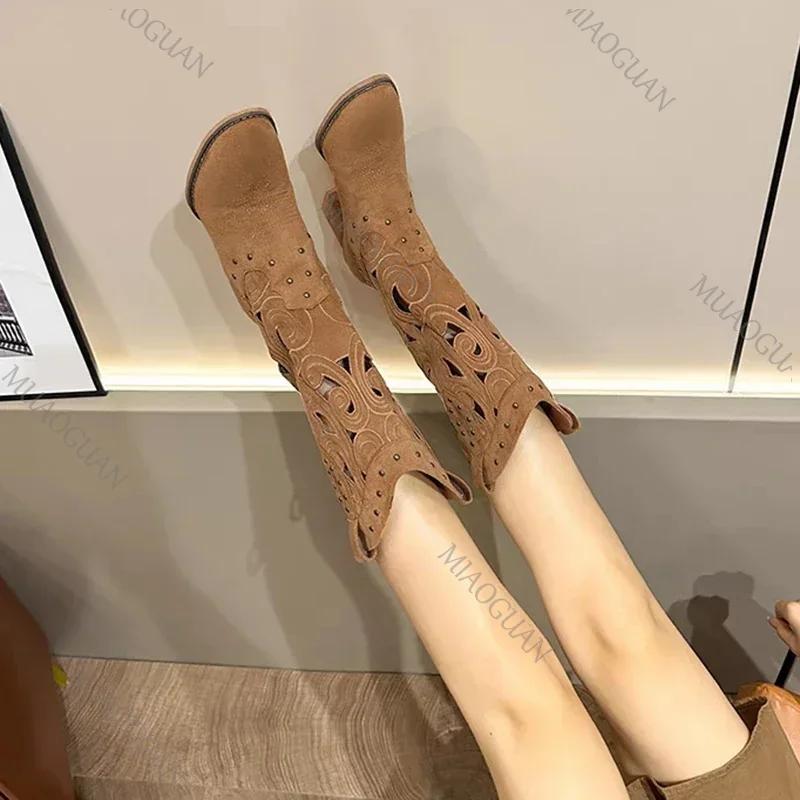 Fashion Hollow Embroidered Vintage Western Boots Women 2025 Autumn Chunky Heels Knee High Cowboy Boots Woman Pu Leather Knight Booties
