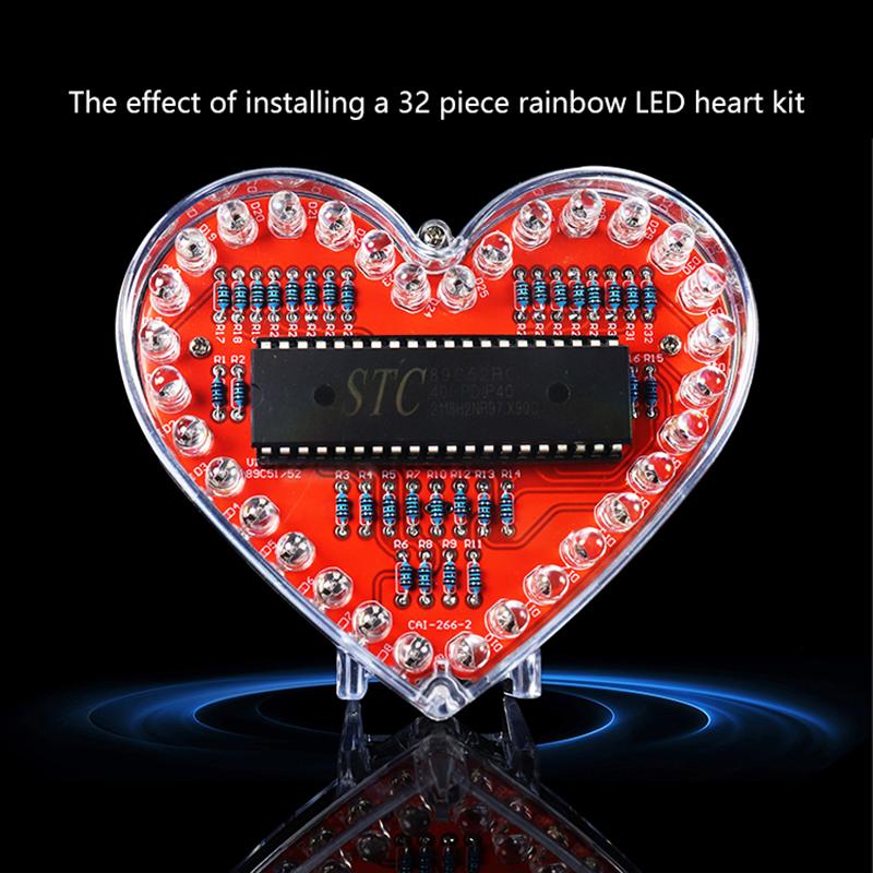 LED Světelný tok ve tvaru srdce DIY Elektronická sada s 32 barevnými LED světly DIY Sada pro pájecí praxi Napájená bateriemi