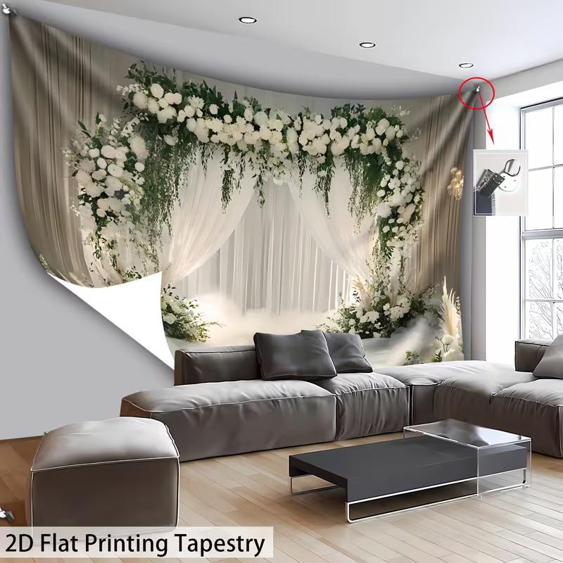 2D Elegant Floral Arch Tapestry White Roses and Greenery Backdrop Background Cloth 47.2x31.5inch/120*80cm