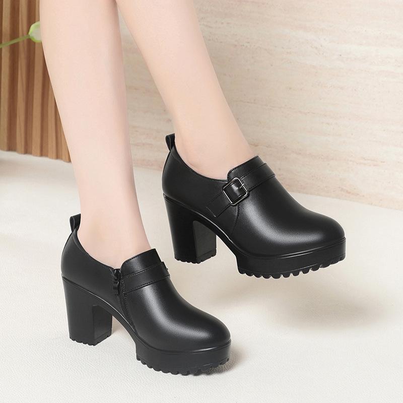 6cm 8cm Fashion Breathable Comfortable Soft Leather Shoes Woman Block Heels  Fall Thick Platform Shoes for Office Work Mom
