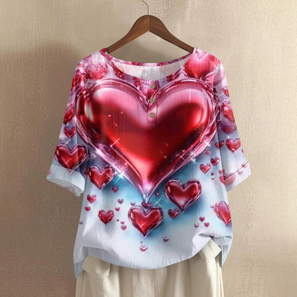 Damska koszulka z nadrukiem na Walentynki, casualowa, z krótkim rękawem, okrągłym dekoltem, z bawełny i lnu