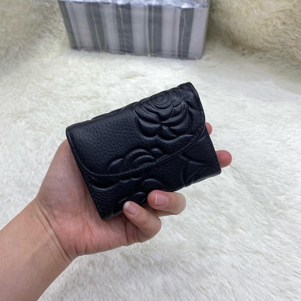 2025 Genuine Leather Ladies Accordion Card Holder & Coin Purse - Embossed Short Wallet