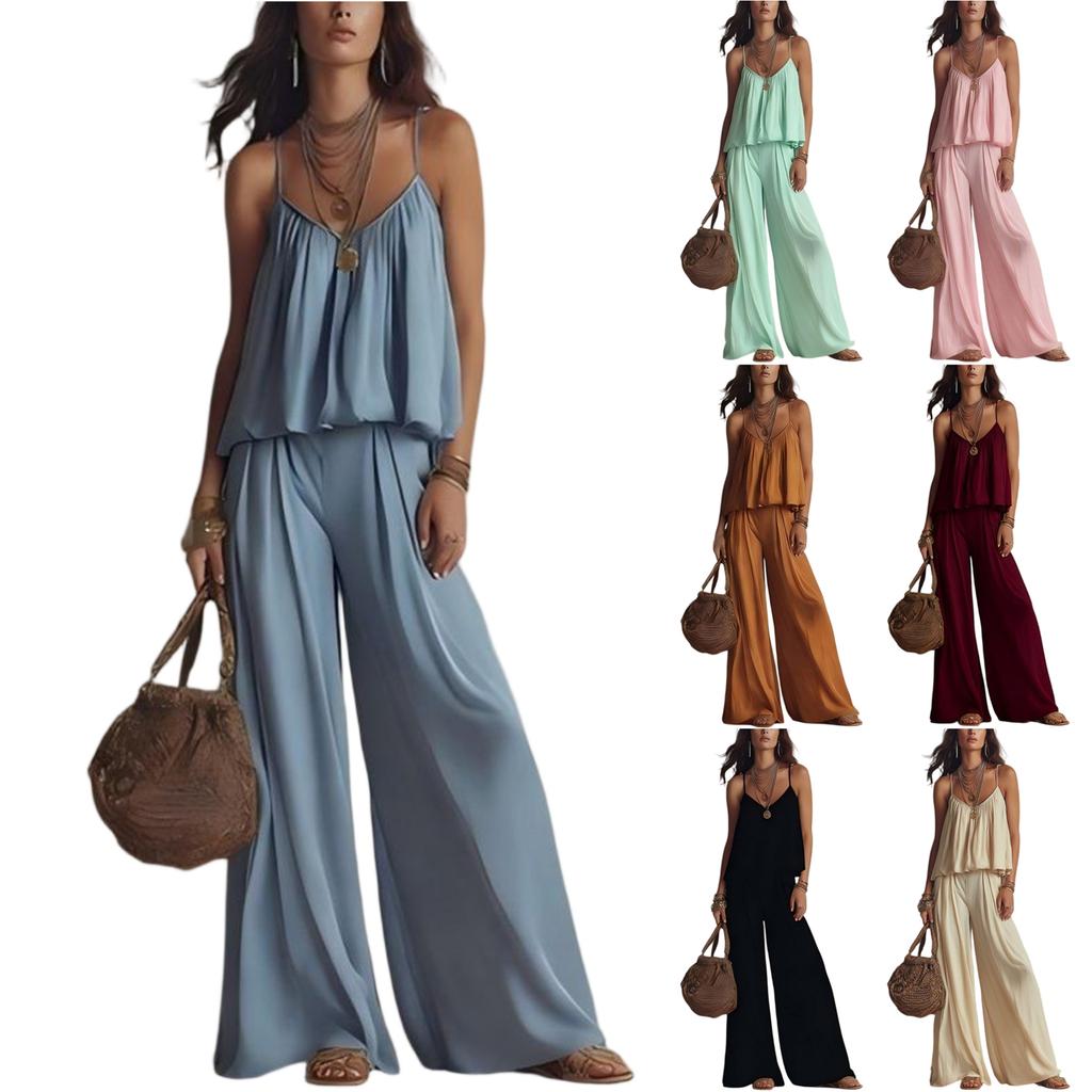 Women Summer Sleeveless V Neck Camisole Top Elastic Waist Wide Leg Pants Two Piece Set Casual Loose Fit