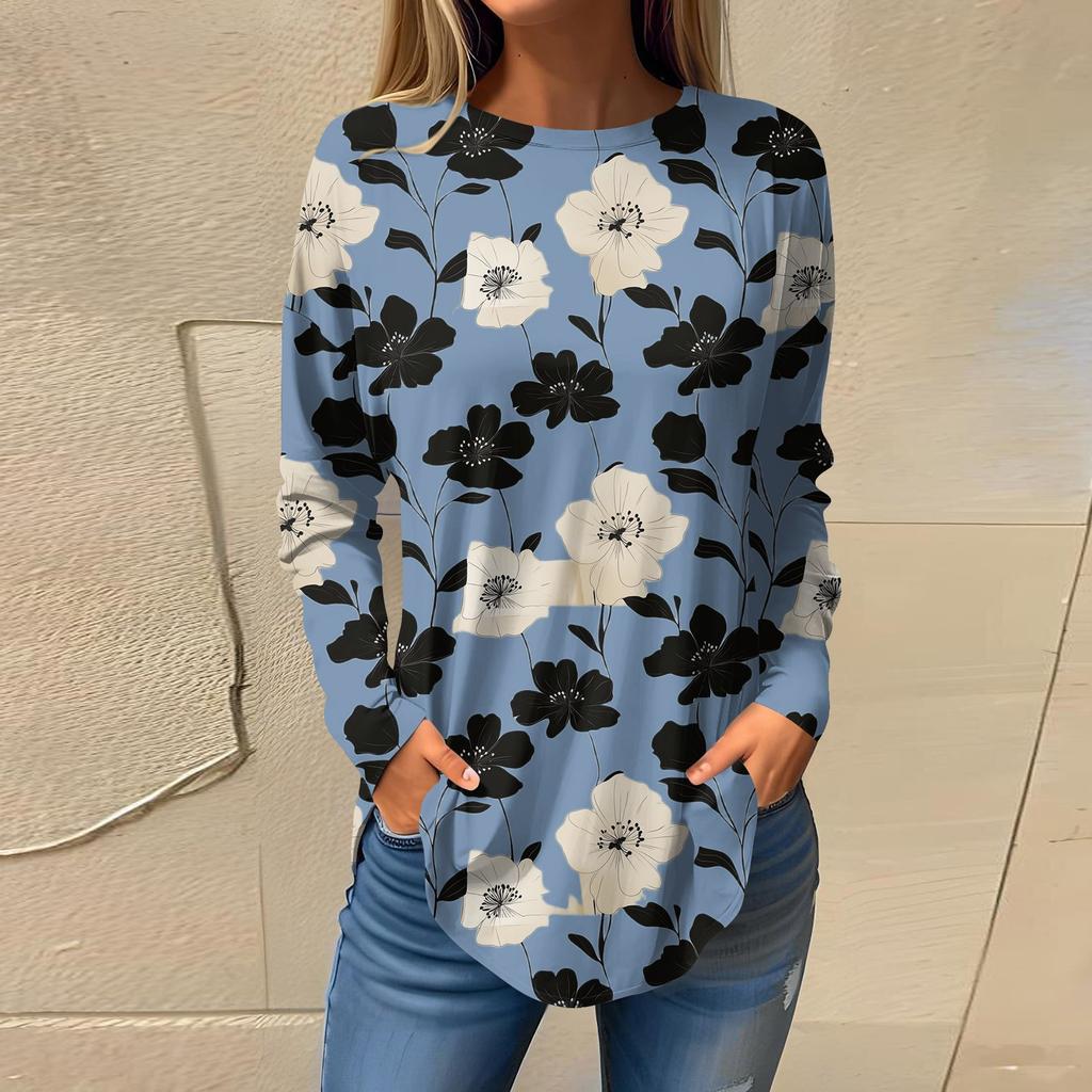 Women's  Loose Casual Flower Printed Round Neck Long Sleeved T Shirt Top Pullover Long Sleeved Sweatshirt