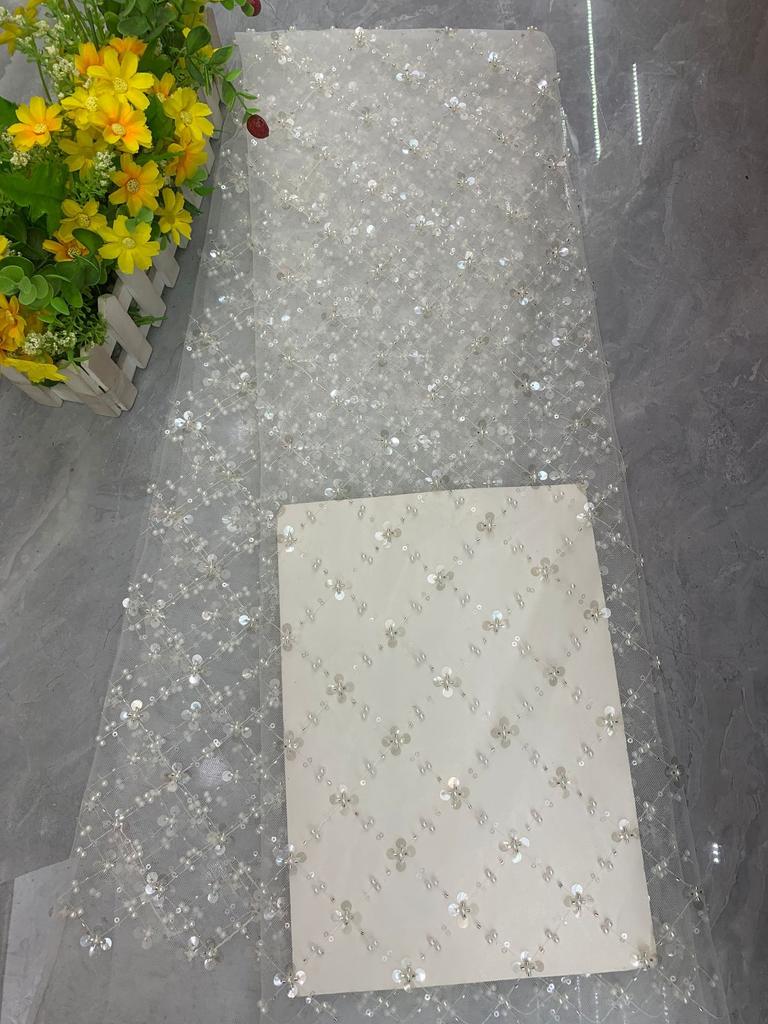 Square Sequins Organza Lace Fabric 1/3/5Yard French Luxury Beads Lace Nigerian Sequins Tulle Lace Fabric for Wedding Party Dress