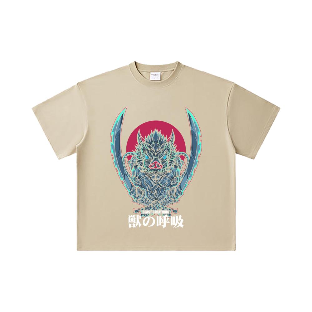 260 GSM Double Yarn 32 Count 100% Cotton Demon Slayer V29 Inosuke Print Unisex Heavy Cotton T Shirt