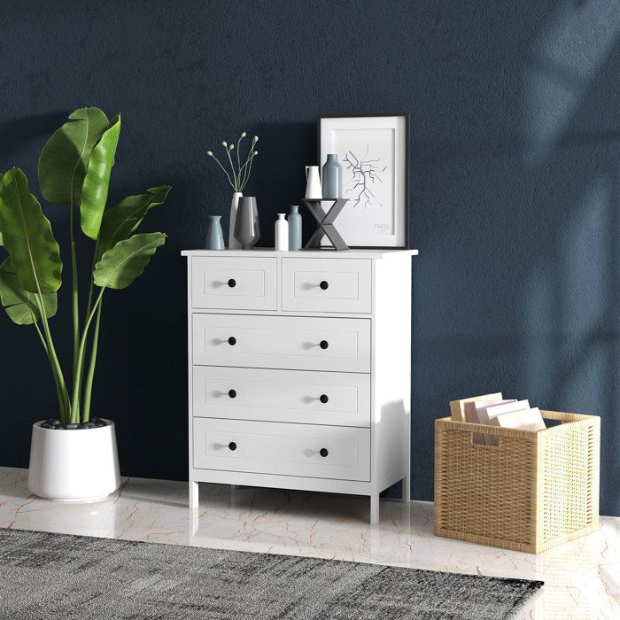 Commode - HOMCOM - blanche 5 tiroirs meuble chambre bureau entrée style contemporain - bois - 74x40x91cm - blanc