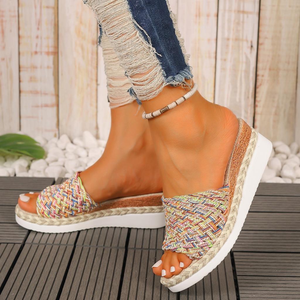 Fashion Fashion Mix Color Woven Sandals Women 2025 Summer Wedge Heel Bohemian Sandals Woman Lightweight Platform Sandles Plus Size 36-43