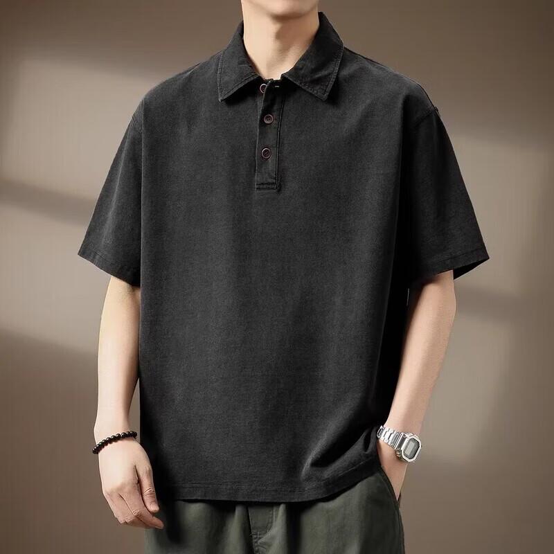 Men's American Style Textured Denim-Look Short Sleeve Polo Shirt