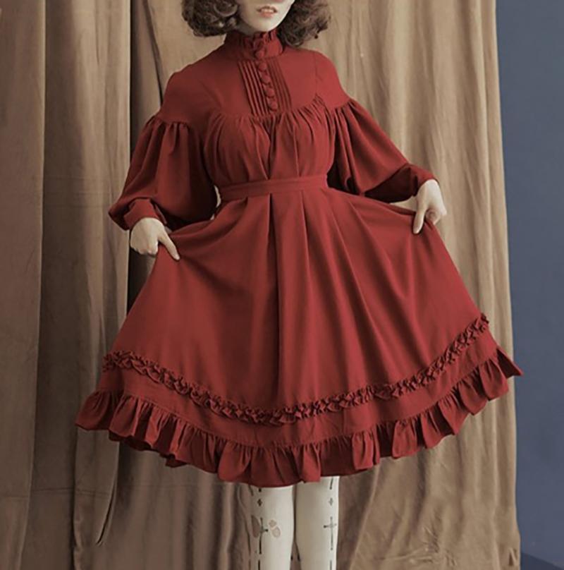 

Японское платье для косплея горничной, женское, с длинным рукавом, свободные пуговицы, кружева, рукава-фонарики, декоративное платье в стиле Лолиты, милое кавайное платье XS красный