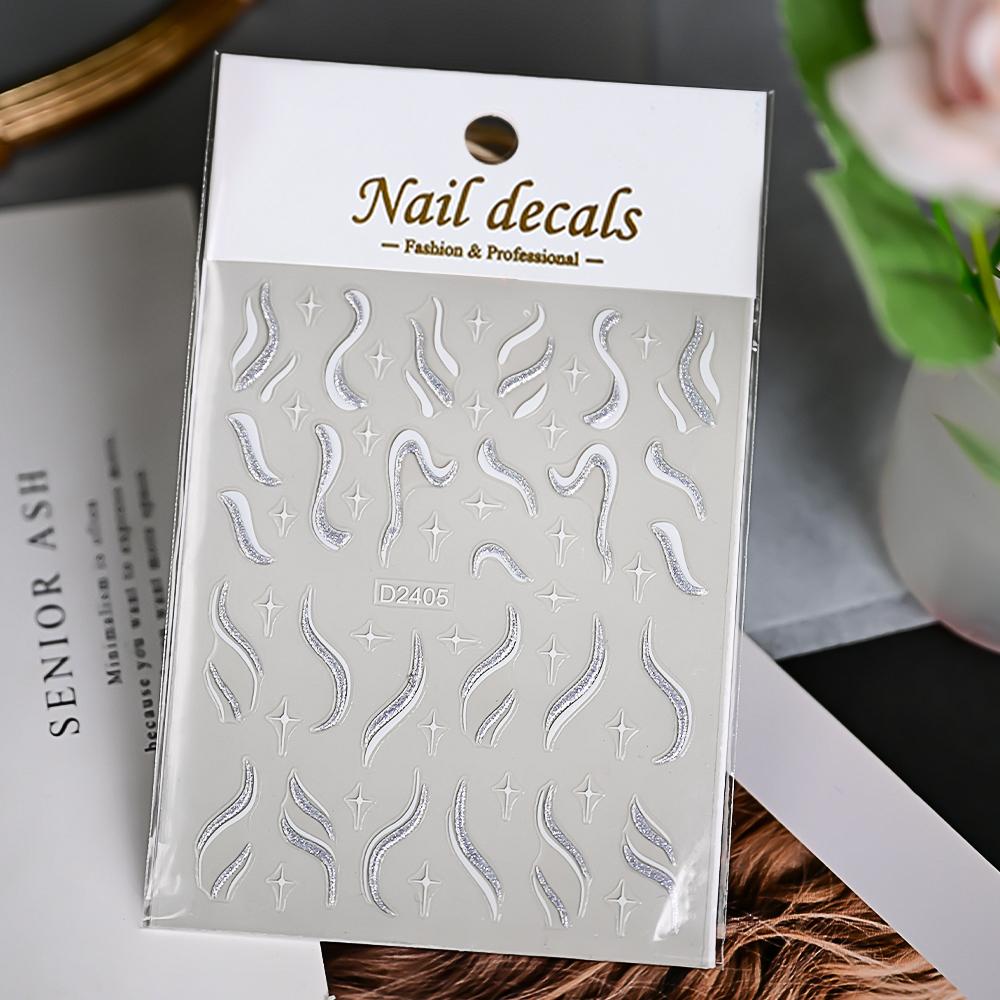 1pcs Gold Glitter French Design Nail Stickers White Silver Curve Lines Stripe Wave Nail Decals Slider Reflective Manicure Wraps