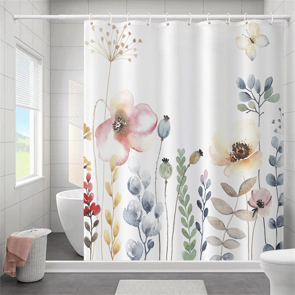 Ivy Leaves Bathroom Curtains Watercolor Floral Plants Shower Curtain Bathroom Polyester Waterproof Fabric Trim with Hooks