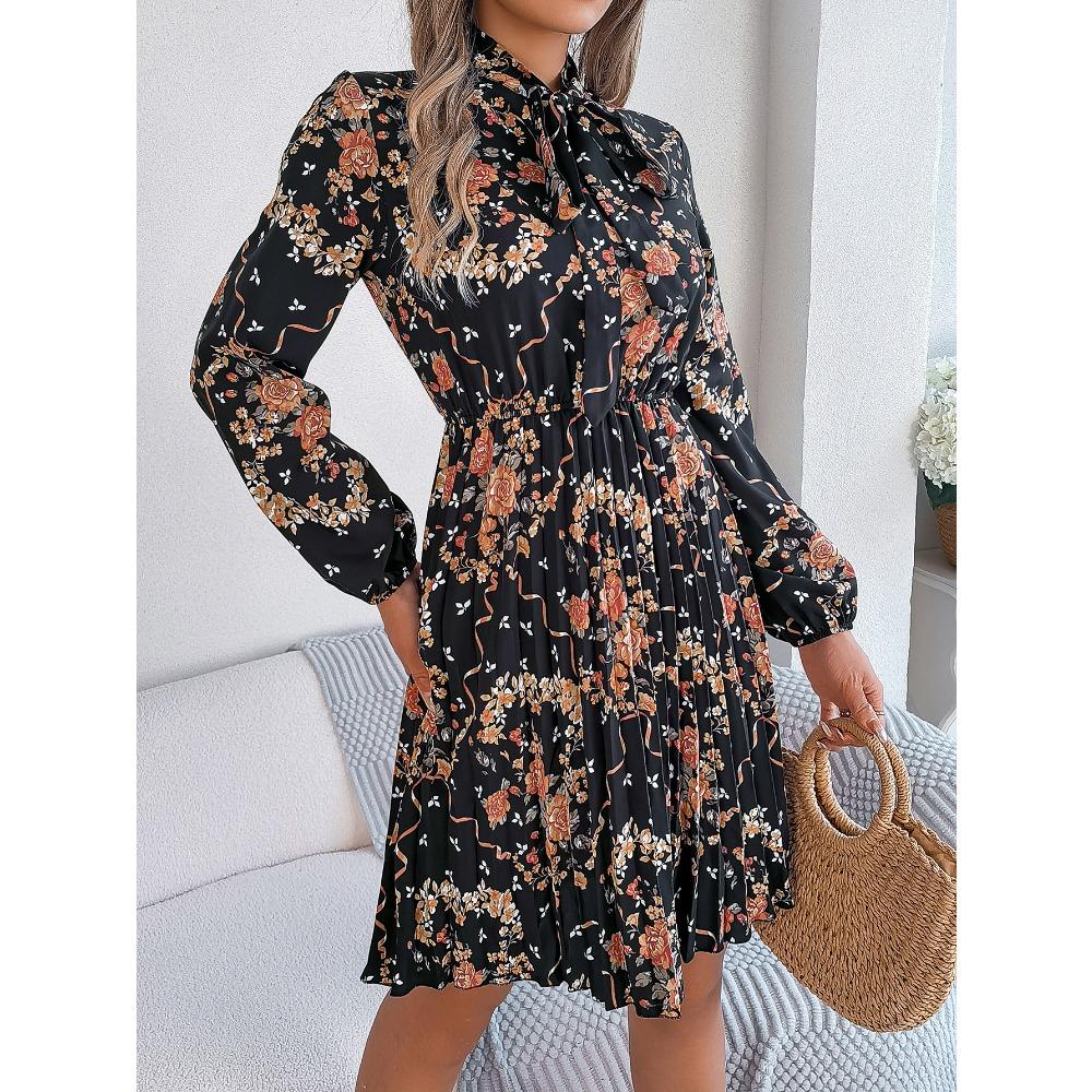 New Elegant Floral Tie Waist Long Sleeve Pleated Skirt Women's Fashion Dresses