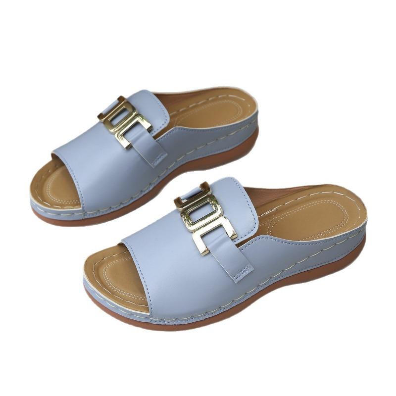 Women's Wide Width Solid Color Slides, Round Toe Chain Detail Mules, European Casual Sandals for Women
