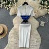 Light Luxury Lapel Splicing A-word Knitted Dress Women's Summer Short Sleeves Contrasting Colors, Waist and Thin Commuter Skirt