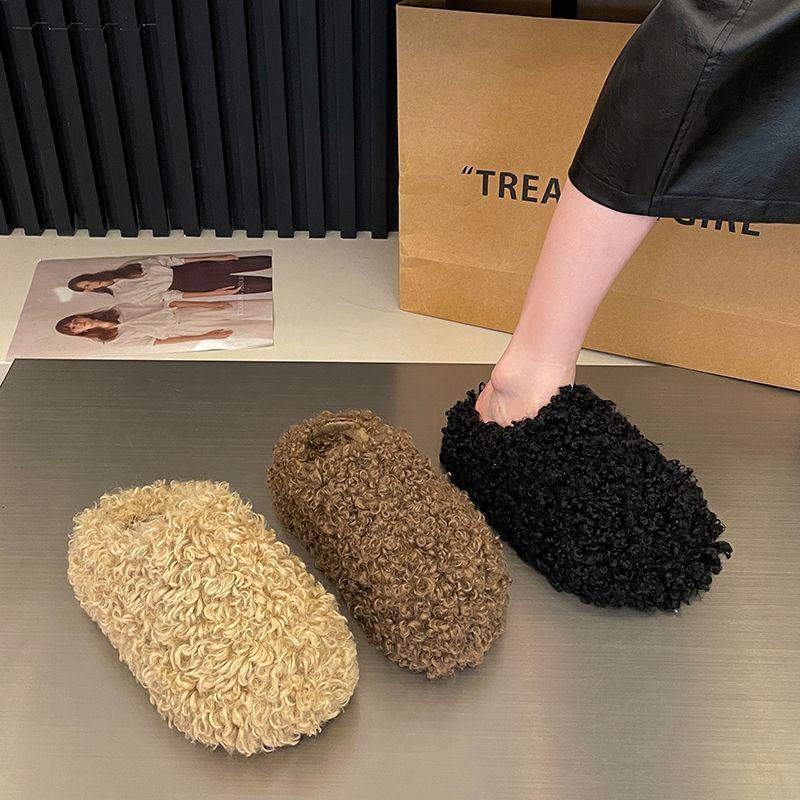 High-End Women's Furry Slippers - Height-Boosting, Thick-Sole, Closed-Toe, Cotton for Autumn/Winter In Apricot, Black, Dark Brown.