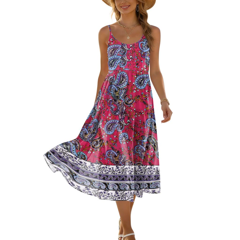 Women’s Sleeveless Floral Print Midi Dress with Adjustable Spaghetti Straps and Bohemian Patterned Hem for Summer Wear