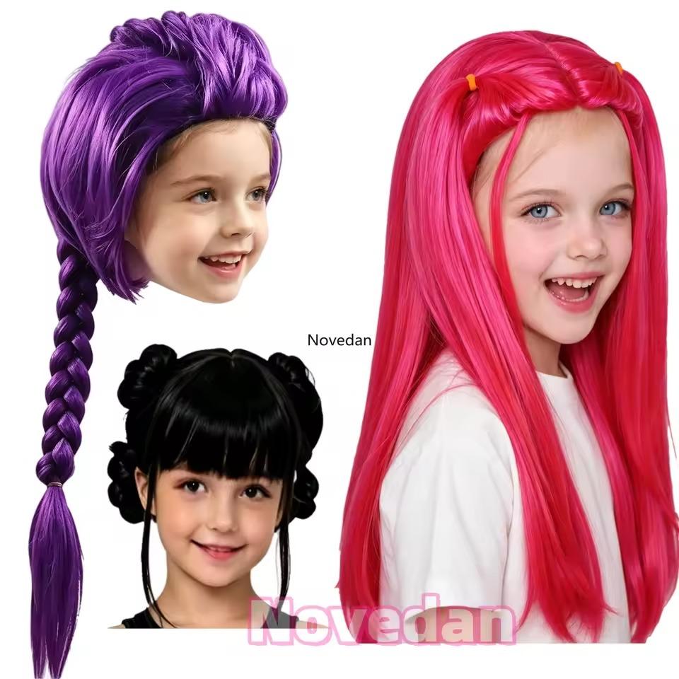 Anime Long Purple Braiding Hair Extension Ponytail Wig Cosplay Halloween Golden Costume Pink Black Bun Synthetic Wig Girl Kids