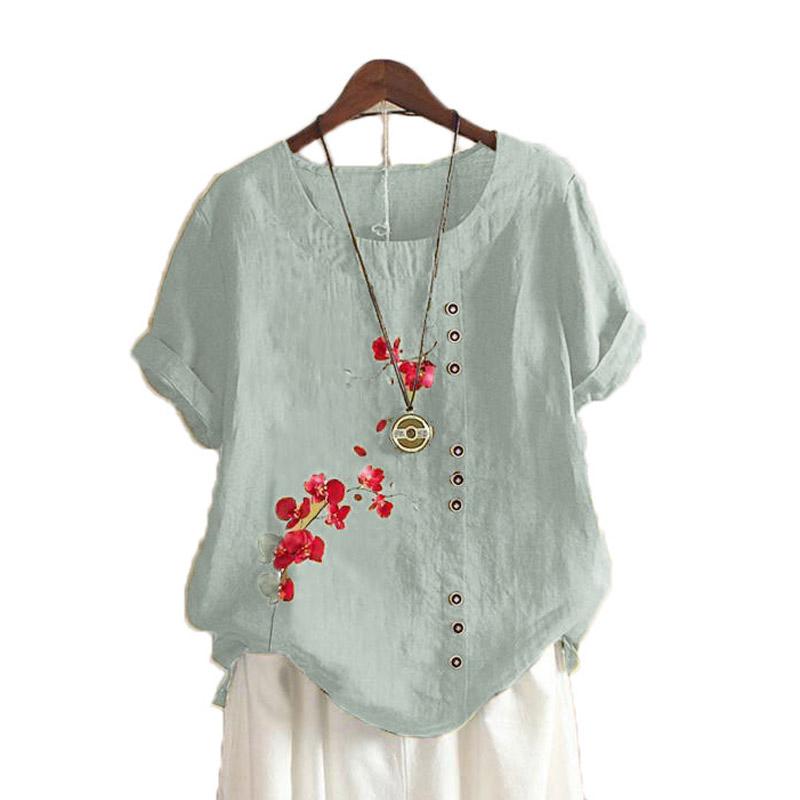 Sommer Uformell Retro bomull Lin Motetrykk Løs fritidsskjorte Kortermet allsidig T-skjorte topp for kvinner