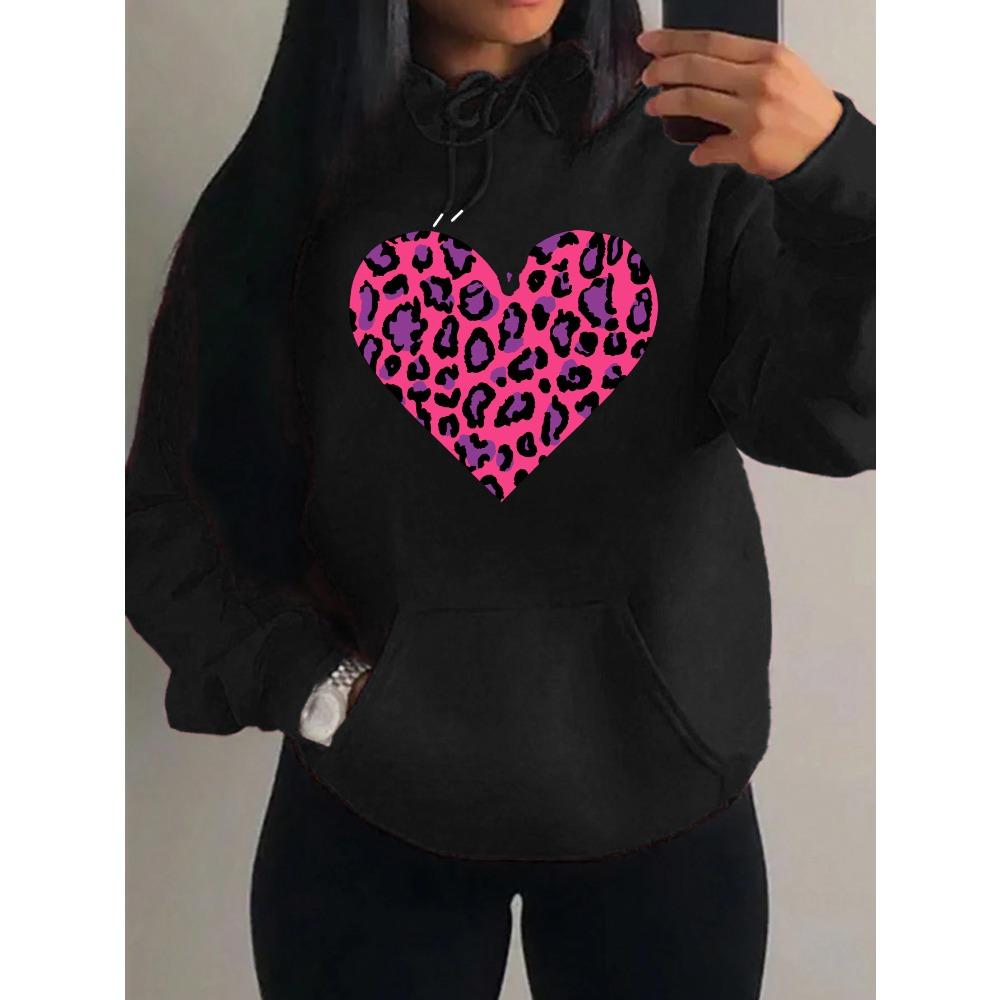 Pink Leopard Print Heart Printing Hoody Women Fashion Oversized Hoodie Pullover Autumn Fleece Clothes