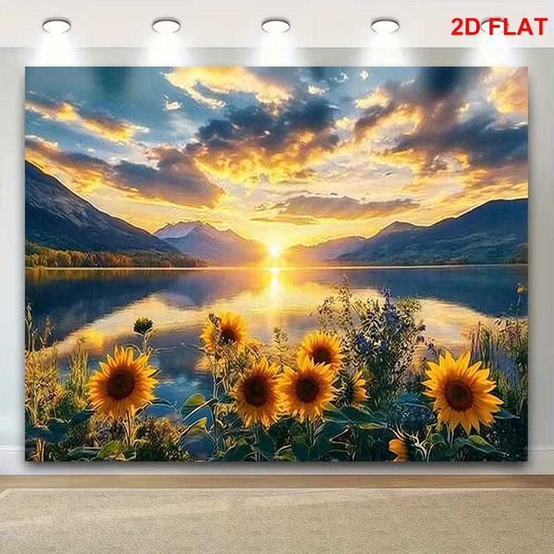 2D Scenic Sunflower Lake Backdrop Mountain Reflection Photo Booth Background 70.9x43.3inch/180*110cm
