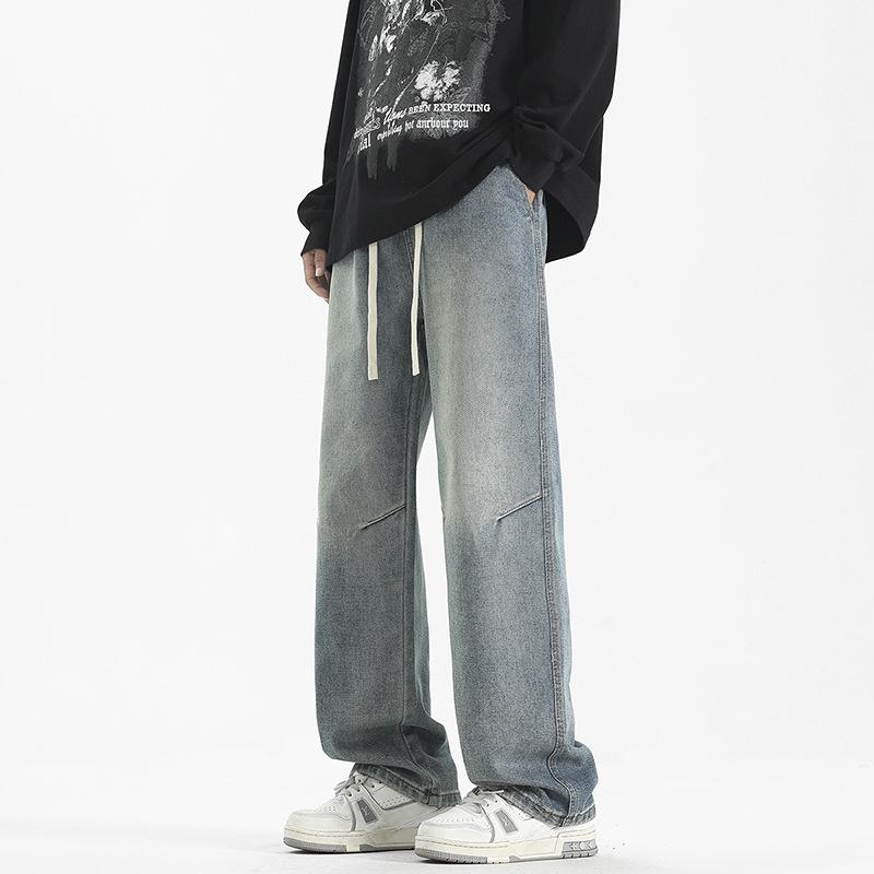 

Весна и Осень Новые Американские Ретро Выстиранные Джинсы Мужские Свободные Прямые Эластичная Талия Широкие Штанины XXXL