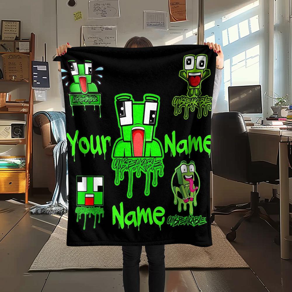 1PC Green Pixel Forest Custom Name Patterned Flannel Blanket Suitable For All Seasons For Home Decor Warmth And Comfort Gifts Holiday Present