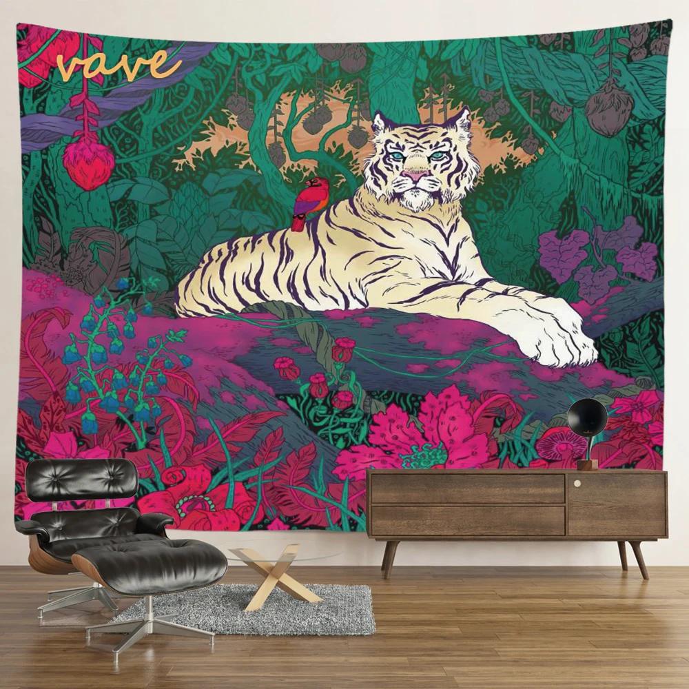 Hippie Psychedelischer Tiger Wandteppich, Wandbehang, Boho Zimmerdeko, Ästhetisch, Mysteriöse Blume, Dschungel Mondlandschaft, Wald
