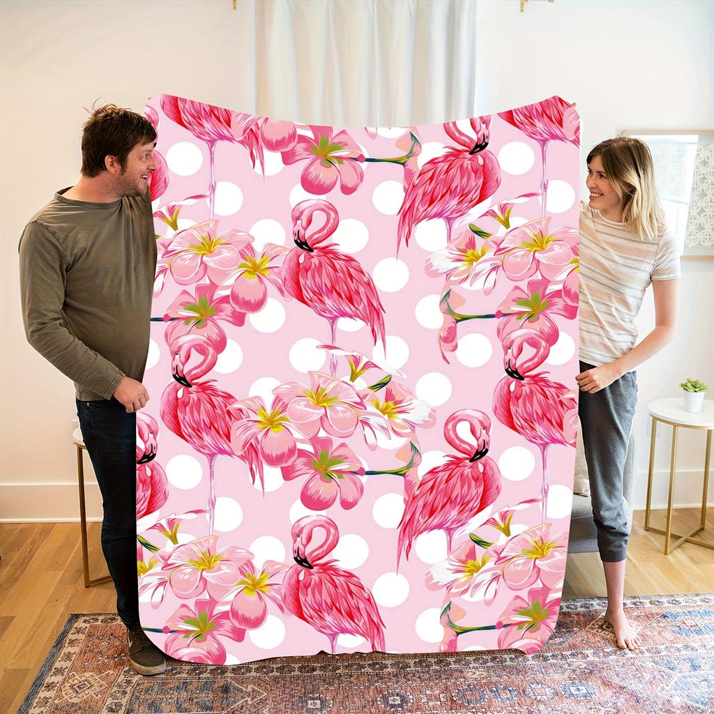 [1pc Flamingo Plush Blanket] 1pc Pink Passionate Flamingo Romantic Powder Flower Pattern Plush Blanket | Soft, Warm & Fashionabl