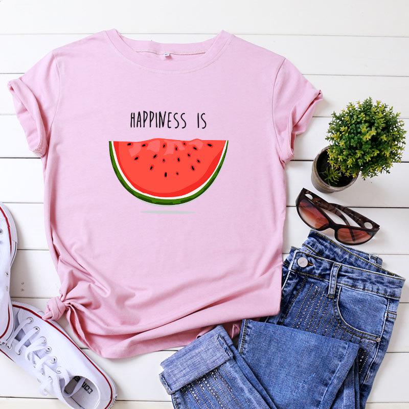 Happiness Is Watermelon Printed Short Sleeved Women S T Shirt Casual Soft Female T Shirt Women