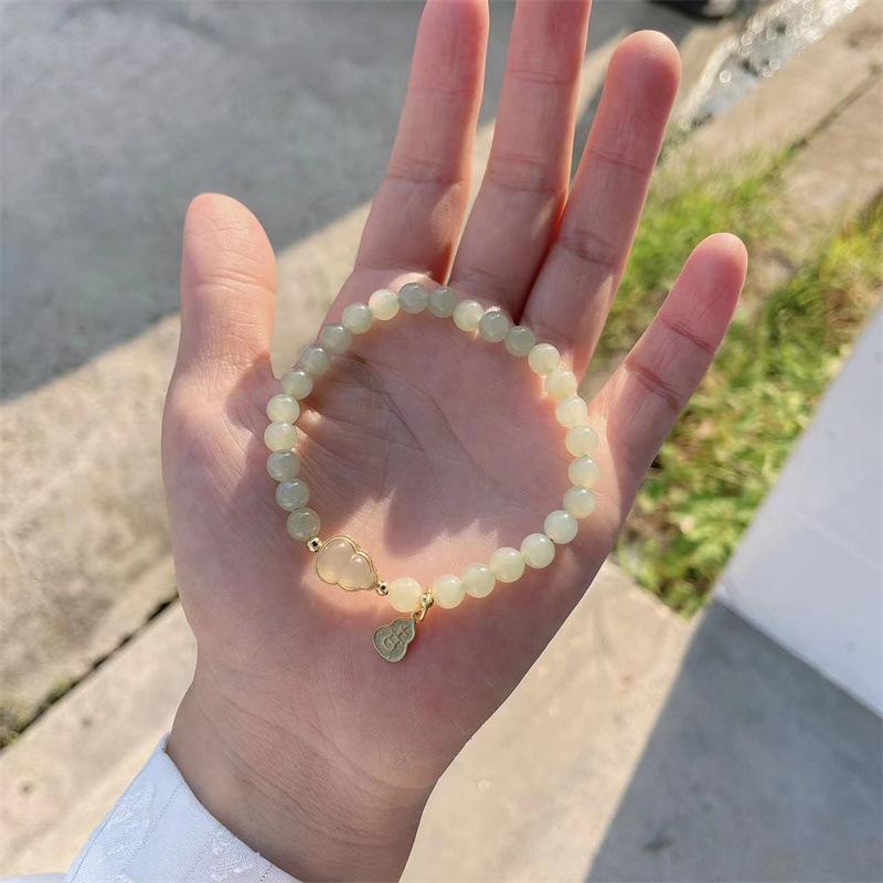 Recommended Natural Hetian Jade Bead Bracelet for Women, Fortune and Prosperity Gold-inlaid Jade Gourd, Ancient Style Jadeite Bracelet