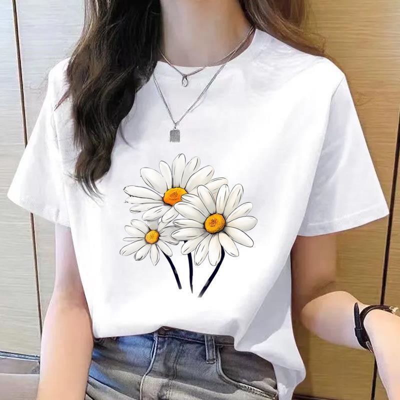 Korean Style Women's Floral Printed Short Sleeve T-Shirt, Round Neck, Casual Fashion for Youth
