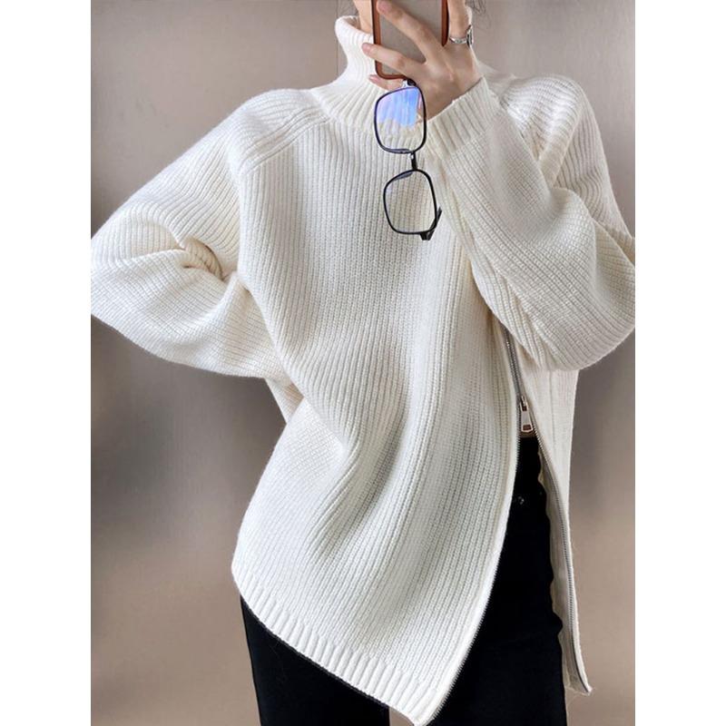 Lazy Style High Neck Zipper Solid Color High-end Knitted Sweater for Outerwear, Loose Long Sleeved Warm Top for Outerwear