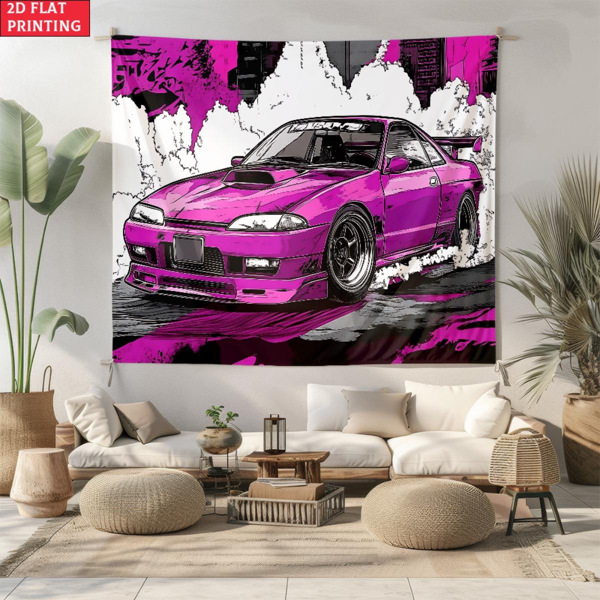 Vibrant Pink JDM Sports Car Tapestry Modified Drift Car Wall Hanging Modern Room Decor suitable offices bars party 74x94cm(29x37in)