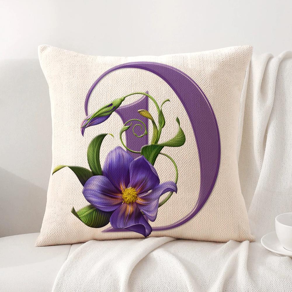 Simple Purple Flower Letters Cushion Cover Natural Linen Organic Fabric DoubleSided Printing Sofa Home Decor Breathable
