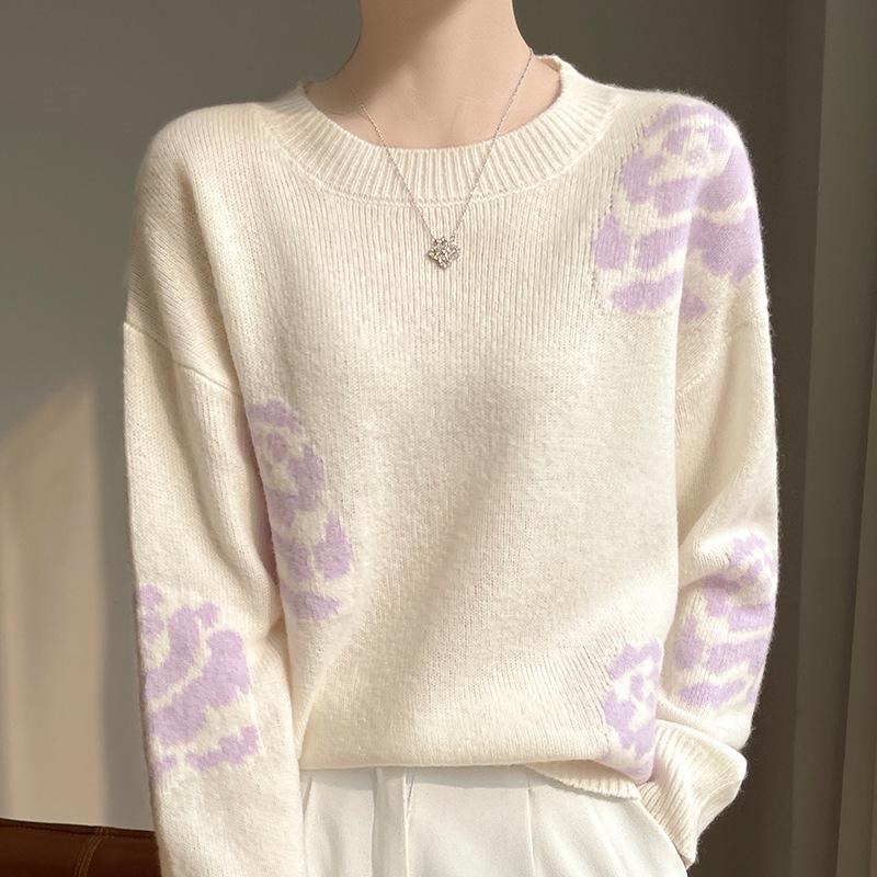 Women's French Style Round Neck Jacquard Wool Sweater - Loose Autumn/Winter Knit Pullover
