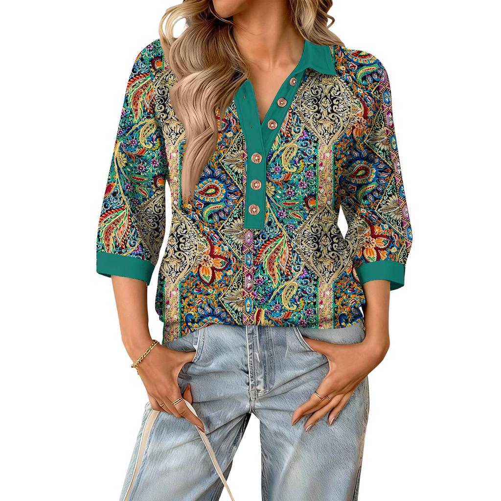 Damen modisches und lässiges Sommer V-Ausschnitt Patchwork Dreiviertelarm Retro Oberteil