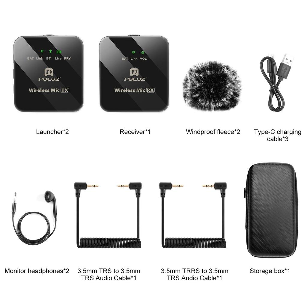 PULUZ 2.4G Wireless Lavalier Microphone,2 TX+1 RX,10-Hour Battery, Bluetooth/Video Modes, with Monitoring, Wind Muff, for Phone/PC/Livestream