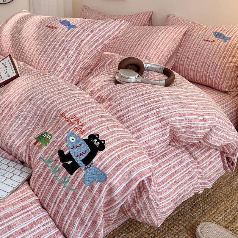 Ins Style Washed Linen Cotton Bedding Set Striped Embroidered Bed Sheet Duvet Cover 2026 Collection