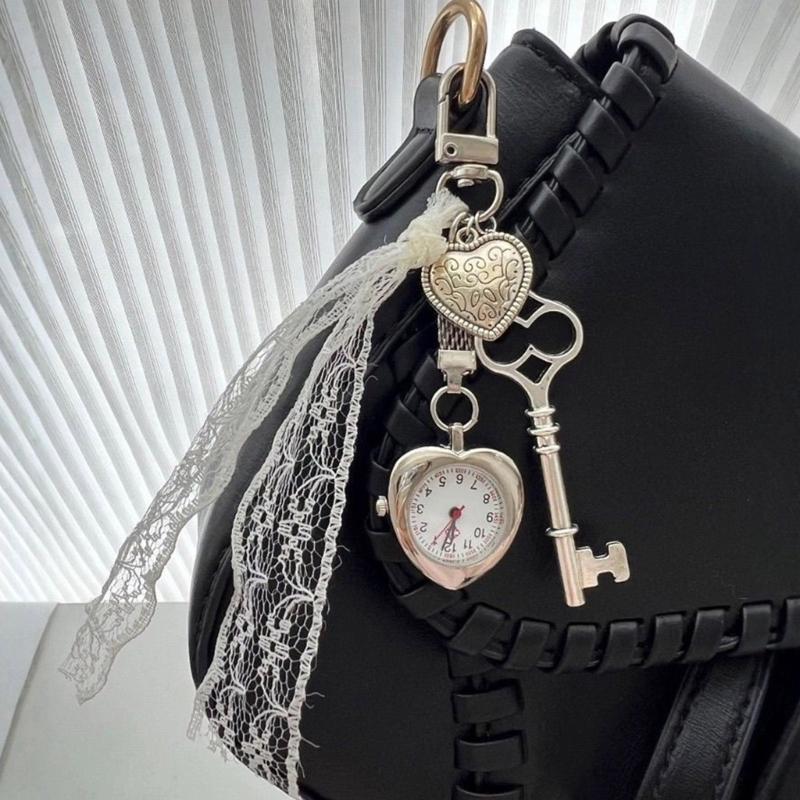 Retro Alloy Heart Keychain Featuring Working Pocket Watch Elegant Decorative Accessory