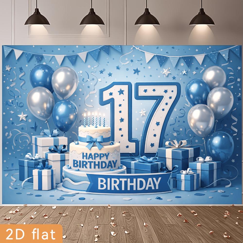 2D plane 17th birthday party banner background - Blue and white birthday theme yzb