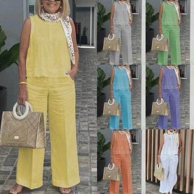 Damen Sommer Casual Ärmelloses Rundhals Top und Weitbein Hose Set in Mehreren Farben