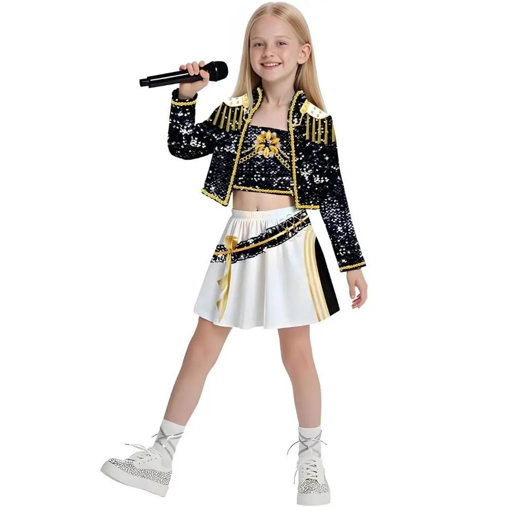 Kids Girls Kpop Rumi Zoey Mira Demon Hunters Cosplay Costume Disguise for Child Printed Clothes Roleplay Halloween Carnival Suit