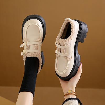 Modische Lederschuhe im britischen Stil für Mädchen Winter Dicke Sohle Lammwolle Warm Uniform Schule Baumwollschuhe Plüsch PU Frau 2025