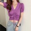 Solid Color Design Sense Niche Short Knitted V Neck T-shirt Korean Style Chic Top Summer Style Bottoming Shirt Women
