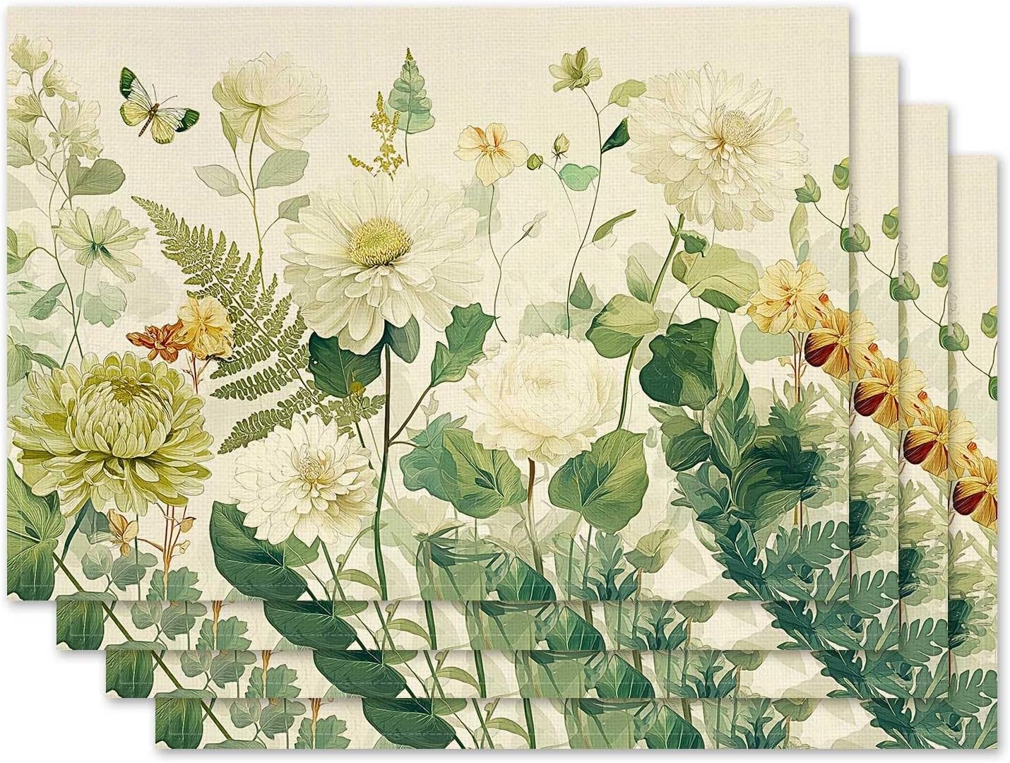 

Retro Spring Floral Placemat Set of 4 Placemats Flower Butterfly Table Mats for Indoor Outdoor Home Party Kitchen Dining Decor Farmhouse Burlap Table 4Pcs