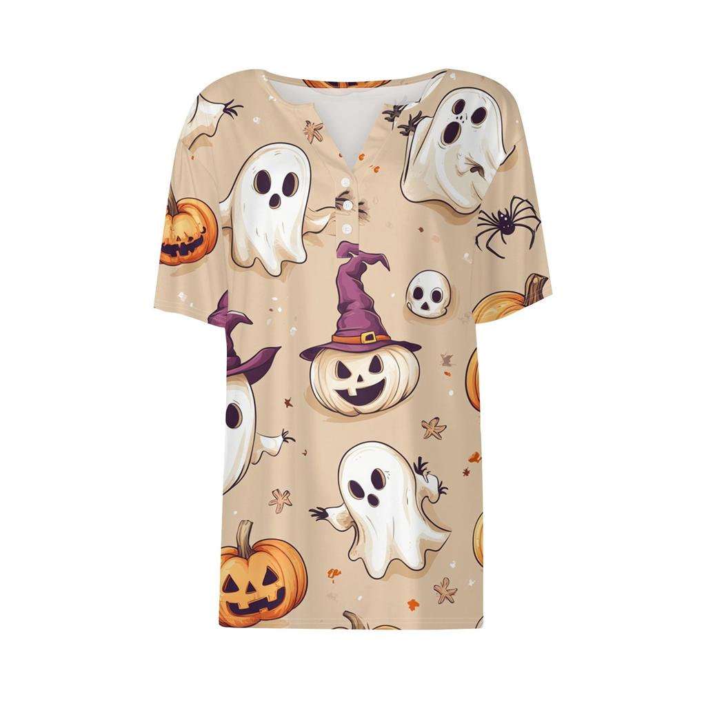 Women's T Shirt Tee Halloween Printed Button Short Sleeve Tunic Daily Weekend Fashion Basic V- Neck Regular Top