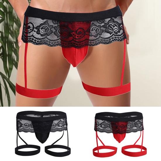 Men Club Garter Boxers U Convex Breathable Bouncy Solid Color Lace Clubwear See-through Flower Embroidery Nightclub Boxers Inner Wear Clothes