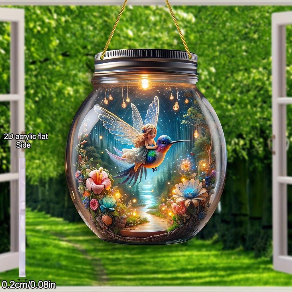 2D Flat Acrylic Mason Jar Hangings Decor, Plants Flowers, Fairy, Hummingbird, Mason Vase Painted Outdoor Decor Living Room Wall Window Pendant