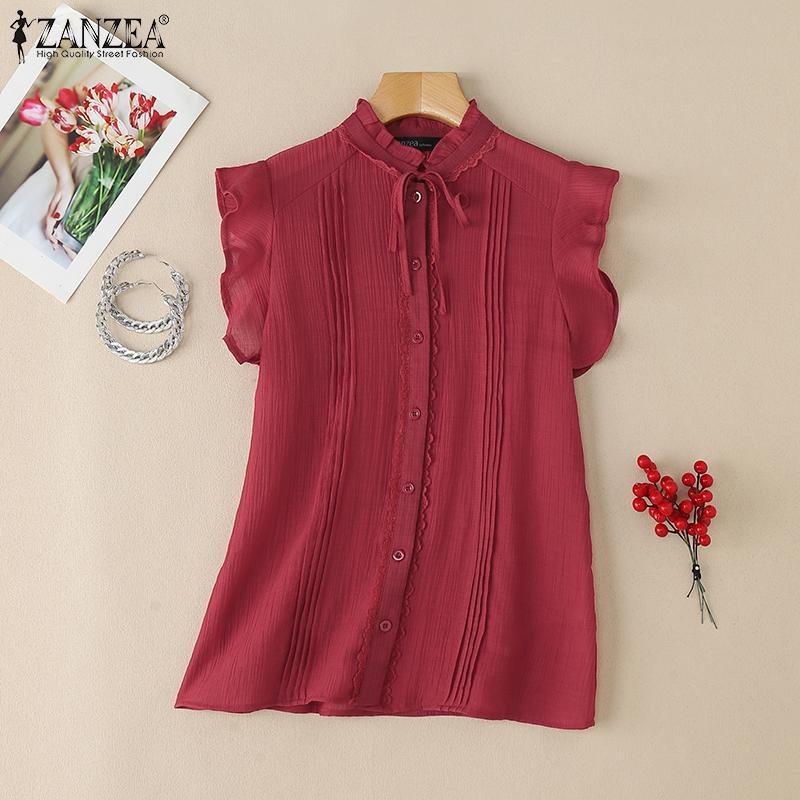 ZANZEA Summer Women Ruffled Sleeveless Lace Hem Frills Casual Tank Tops